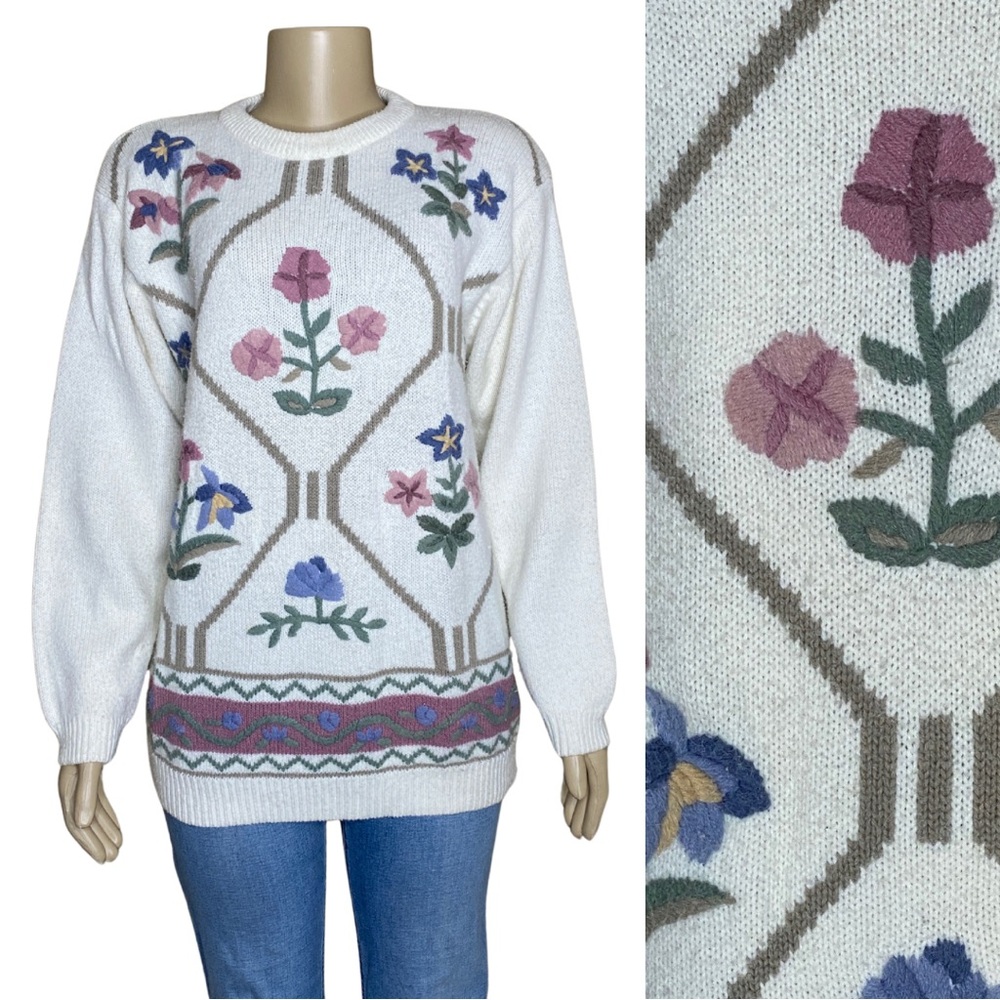 Vintage Floral Cottage Core Coquette Feminine Grandma Knit Tapestry Sweater (M)